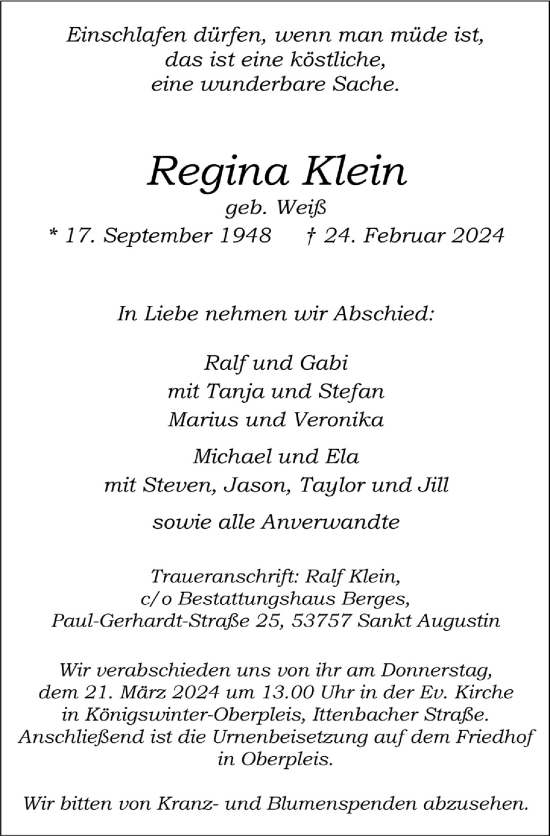 Anzeige von Regina Klein von  Extra Blatt 