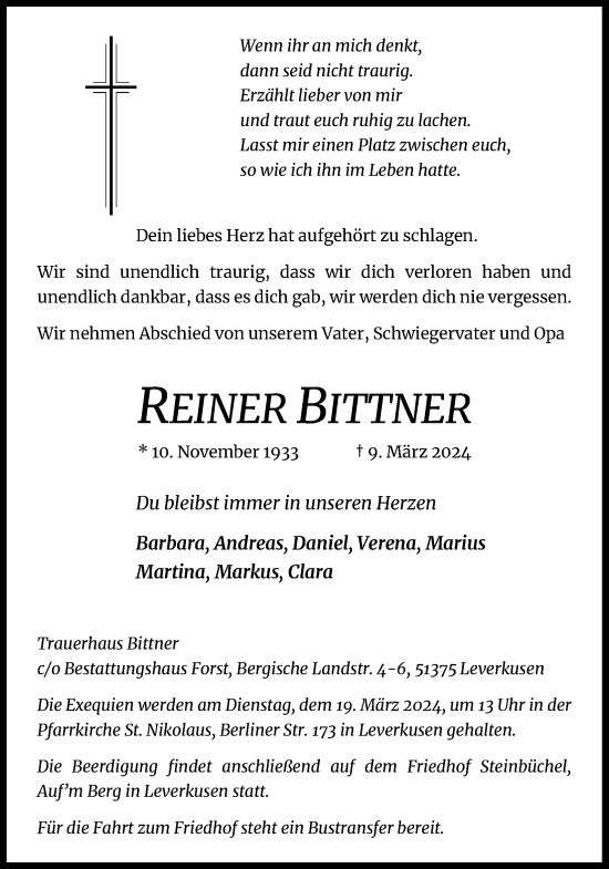 Anzeige von Reiner Bittner von Kölner Stadt-Anzeiger / Kölnische Rundschau / Express