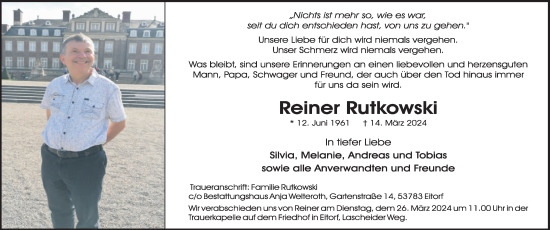 Anzeige von Reiner Rutkowski von Kölner Stadt-Anzeiger / Kölnische Rundschau / Express