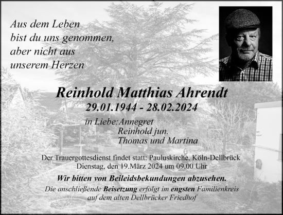 Anzeige von Reinhold Matthias Ahrendt von Kölner Stadt-Anzeiger / Kölnische Rundschau / Express