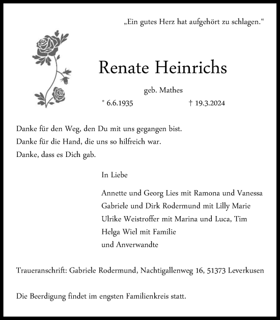 Anzeige von Renate Heinrichs von Kölner Stadt-Anzeiger / Kölnische Rundschau / Express