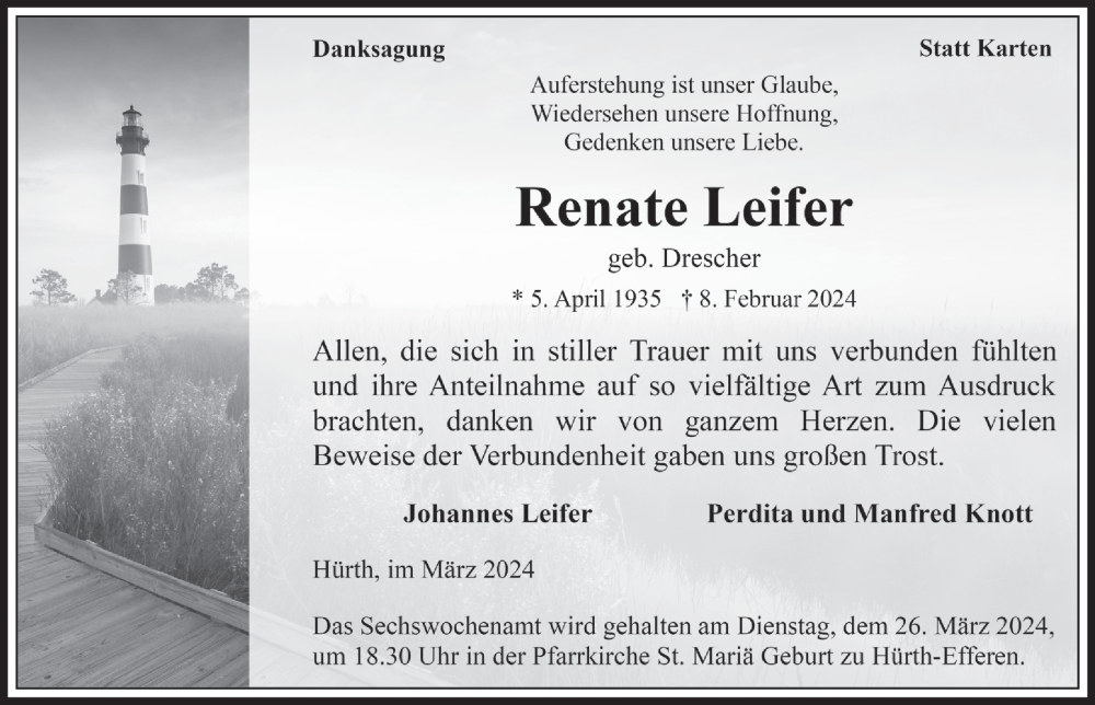  Traueranzeige für Renate Leifer vom 15.03.2024 aus  Wochenende 