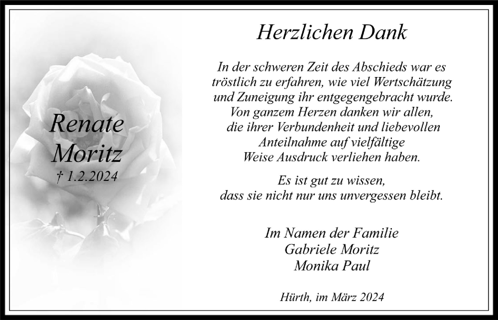  Traueranzeige für Renate Moritz vom 22.03.2024 aus  Wochenende 