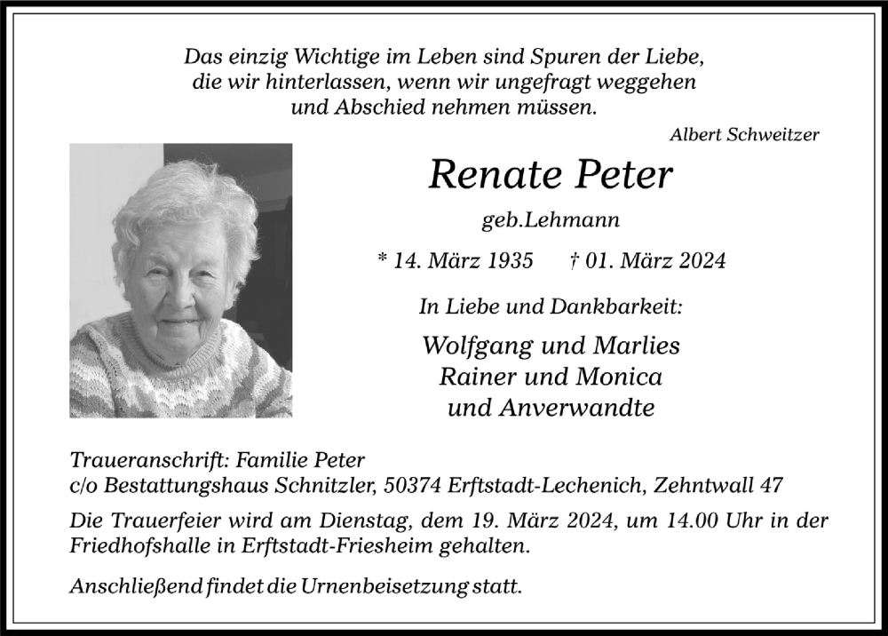  Traueranzeige für Renate Peter vom 08.03.2024 aus  Werbepost 