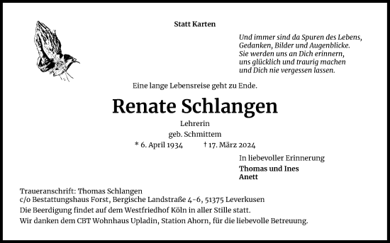 Anzeige von Renate Schlangen von Kölner Stadt-Anzeiger / Kölnische Rundschau / Express