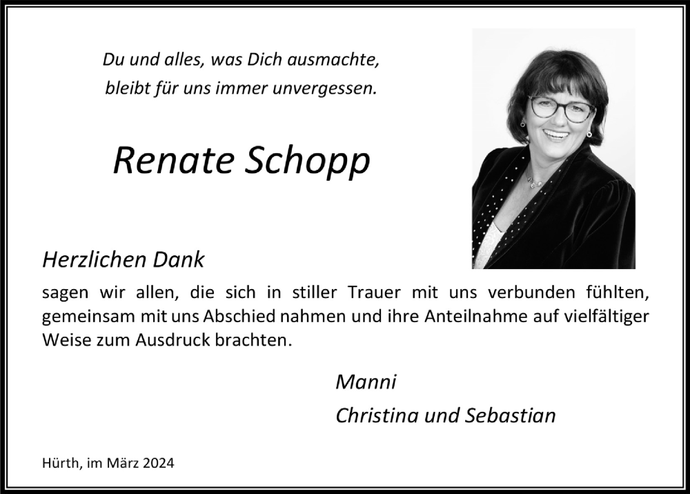  Traueranzeige für Renate Schopp vom 22.03.2024 aus  Wochenende 
