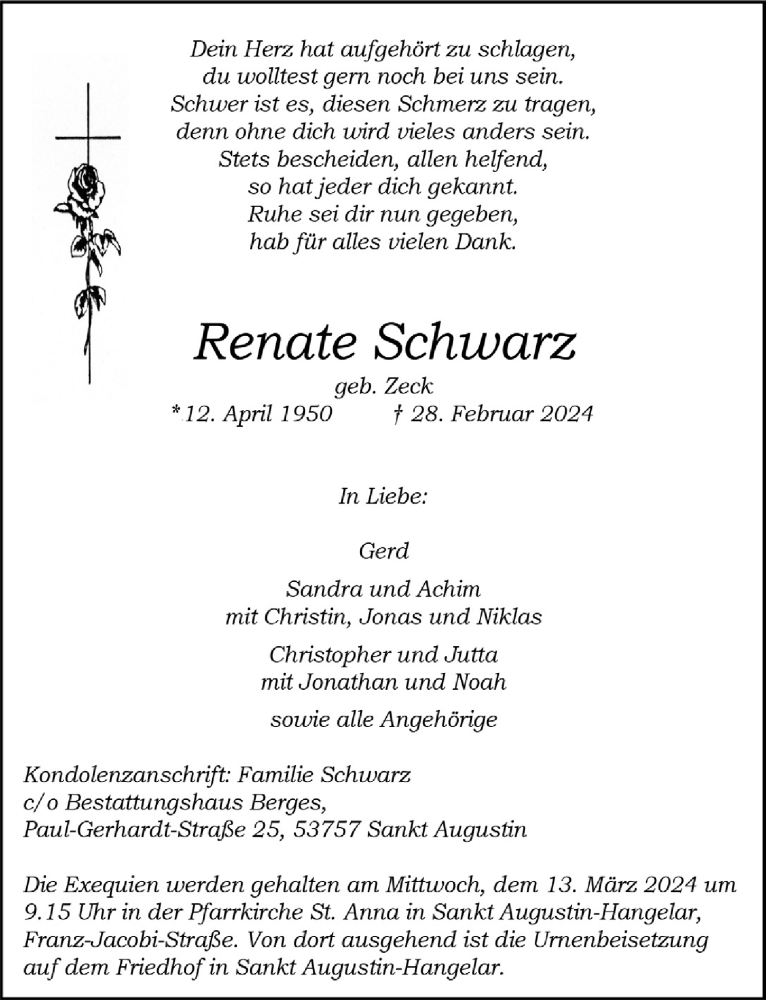  Traueranzeige für Renate Schwarz vom 08.03.2024 aus  Extra Blatt 