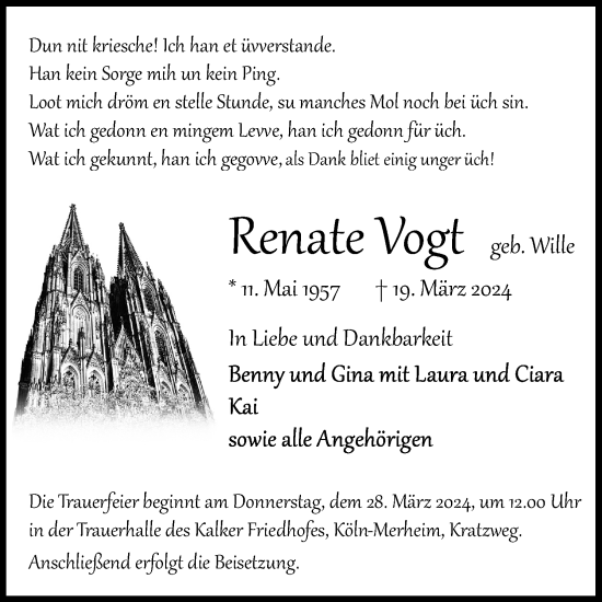 Anzeige von Renate Vogt von Kölner Stadt-Anzeiger / Kölnische Rundschau / Express