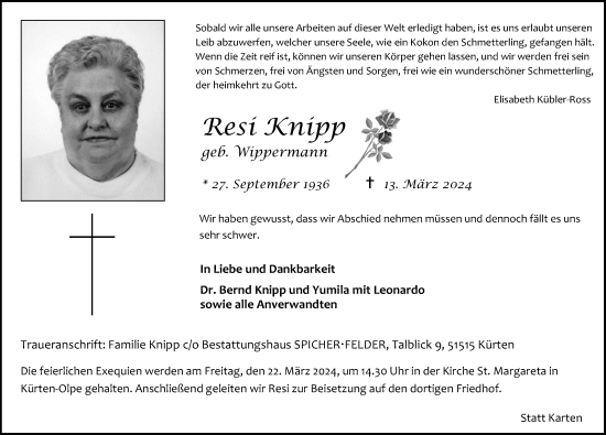 Anzeige von Resi Knipp von Kölner Stadt-Anzeiger / Kölnische Rundschau / Express