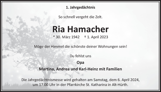 Anzeige von Ria Hamacher von  Wochenende 