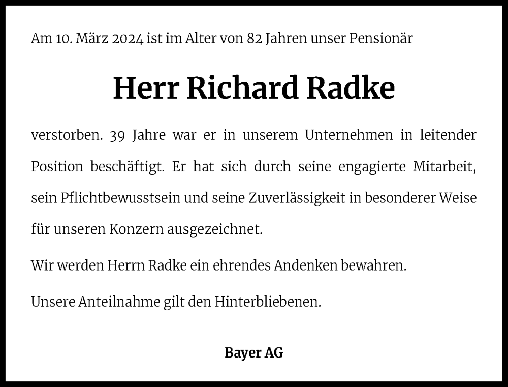  Traueranzeige für Richard Radke vom 22.03.2024 aus Kölner Stadt-Anzeiger / Kölnische Rundschau / Express