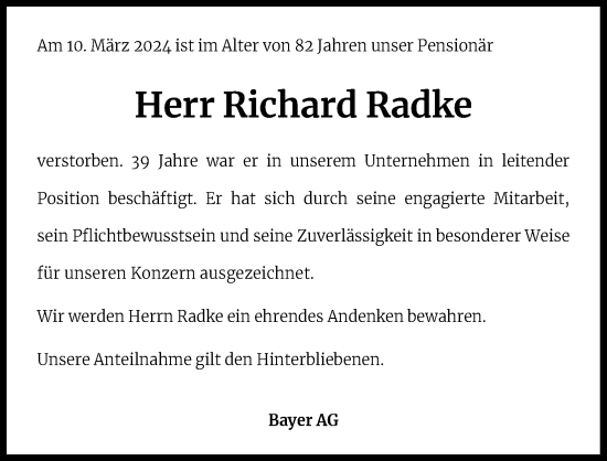 Anzeige von Richard Radke von Kölner Stadt-Anzeiger / Kölnische Rundschau / Express