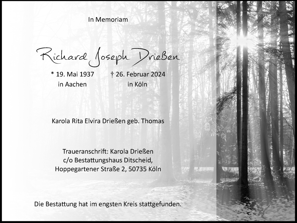  Traueranzeige für Richard Joseph Drießen vom 09.03.2024 aus Kölner Stadt-Anzeiger / Kölnische Rundschau / Express