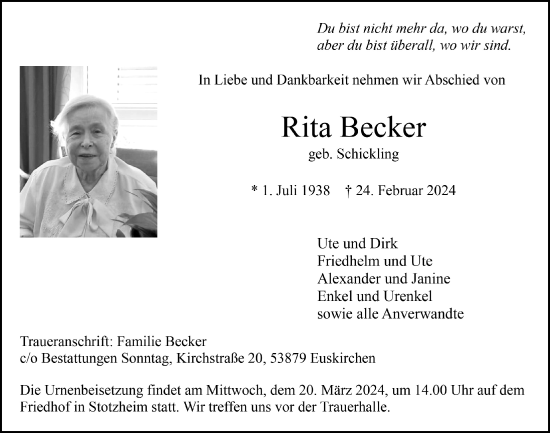 Anzeige von Rita Becker von  Blickpunkt Euskirchen 