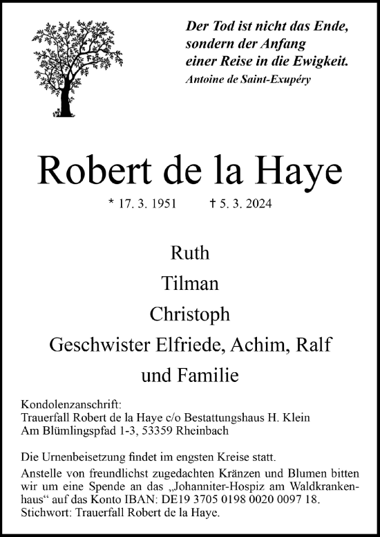 Anzeige von Robert de la Haye von  Schaufenster/Blickpunkt 