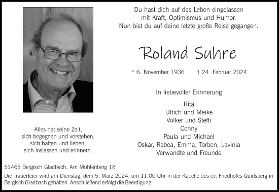 Anzeige von Roland Suhre von Kölner Stadt-Anzeiger / Kölnische Rundschau / Express