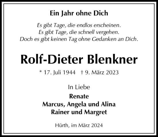 Anzeige von Rolf-Dieter Blenkner von  Wochenende 