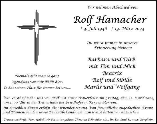 Anzeige von Rolf Hamacher von  Werbepost 