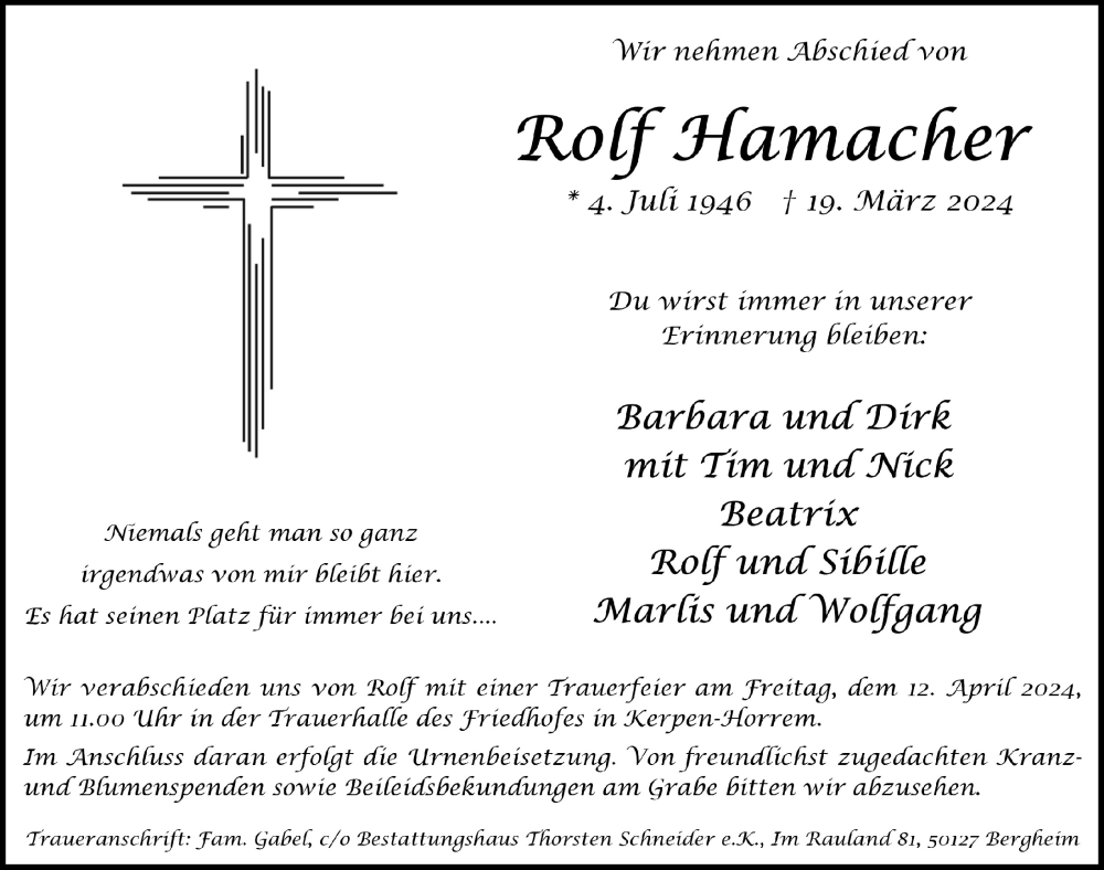  Traueranzeige für Rolf Hamacher vom 28.03.2024 aus  Werbepost 
