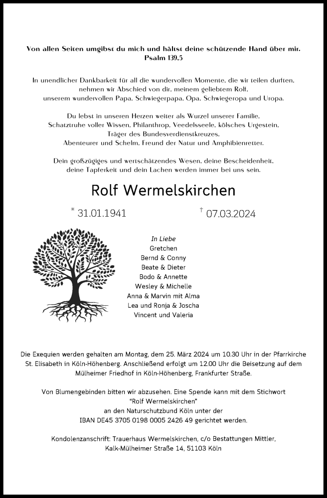  Traueranzeige für Rolf Wermelskirchen vom 16.03.2024 aus Kölner Stadt-Anzeiger / Kölnische Rundschau / Express