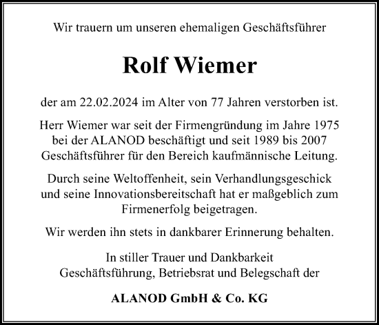 Anzeige von Rolf Wiemer von Kölner Stadt-Anzeiger / Kölnische Rundschau / Express
