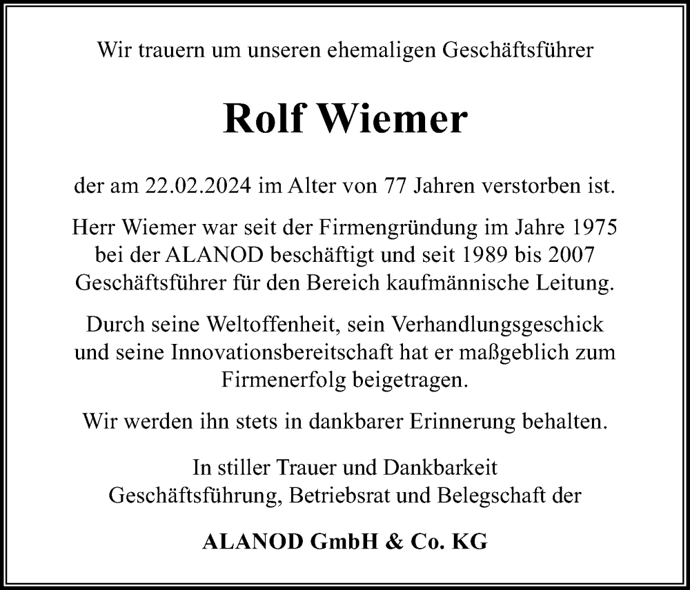  Traueranzeige für Rolf Wiemer vom 02.03.2024 aus Kölner Stadt-Anzeiger / Kölnische Rundschau / Express