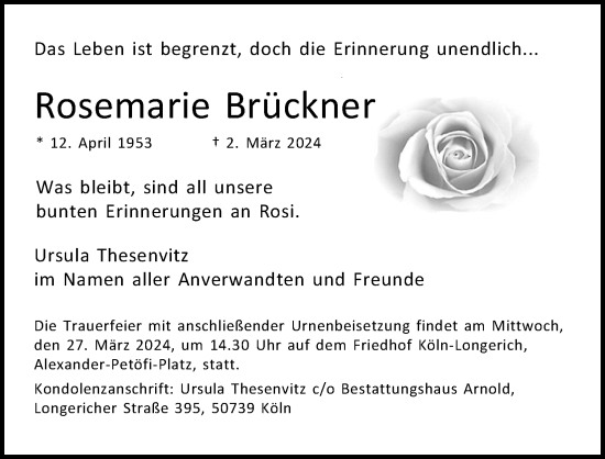 Anzeige von Rosemarie Brückner von Kölner Stadt-Anzeiger / Kölnische Rundschau / Express