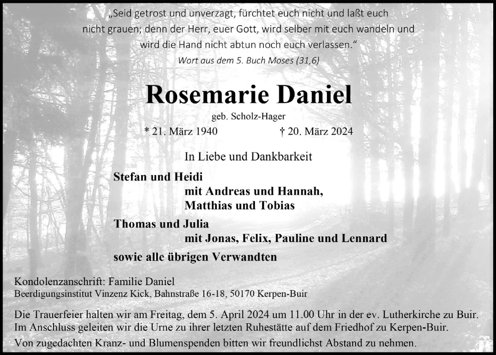  Traueranzeige für Rosemarie Daniel vom 28.03.2024 aus  Werbepost 