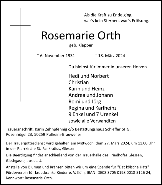 Anzeige von Rosemarie Orth von Kölner Stadt-Anzeiger / Kölnische Rundschau / Express