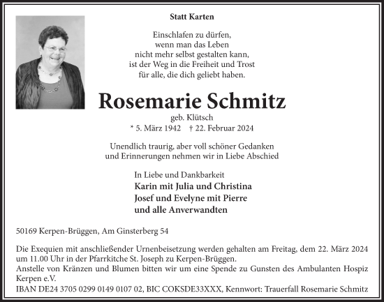 Anzeige von Rosemarie Schmitz von  Werbepost 