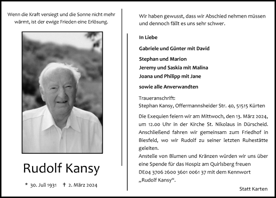 Anzeige von Rudolf Kansy von Kölner Stadt-Anzeiger / Kölnische Rundschau / Express