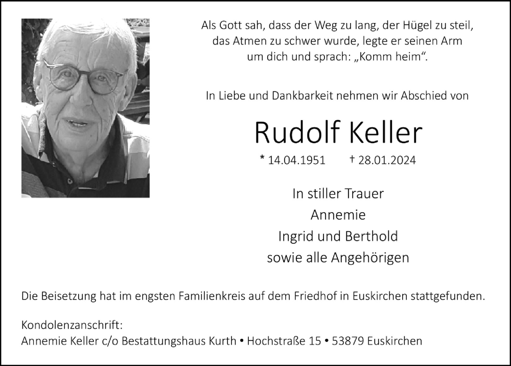  Traueranzeige für Rudolf Keller vom 02.03.2024 aus  Blickpunkt Euskirchen 