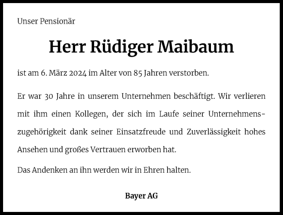 Anzeige von Rüdiger Maibaum von Kölner Stadt-Anzeiger / Kölnische Rundschau / Express