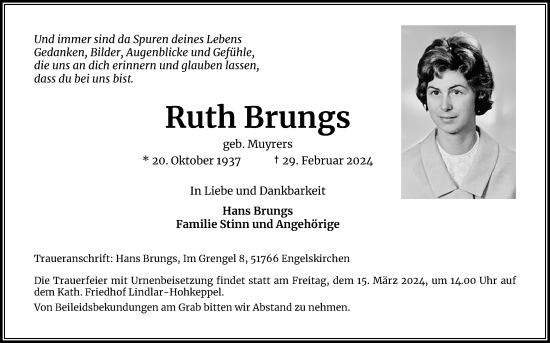 Anzeige von Ruth Brungs von Kölner Stadt-Anzeiger / Kölnische Rundschau / Express