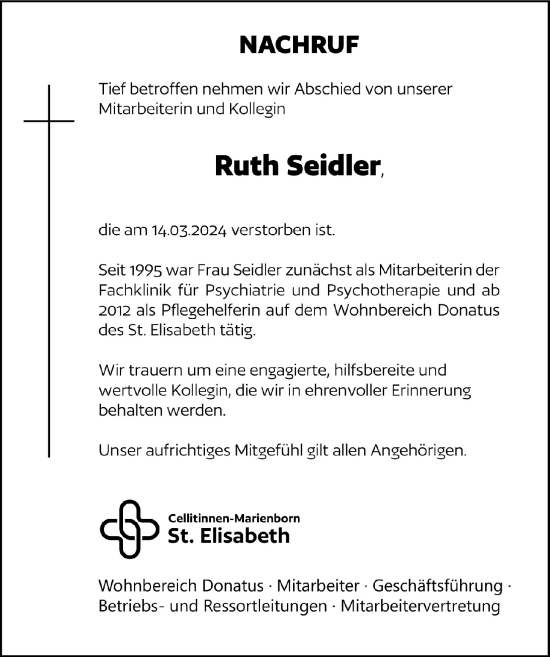 Anzeige von Ruth Seidler von  Blickpunkt Euskirchen 