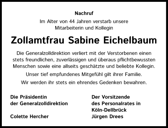 Anzeige von Sabine Eichelbaum von Kölner Stadt-Anzeiger / Kölnische Rundschau / Express