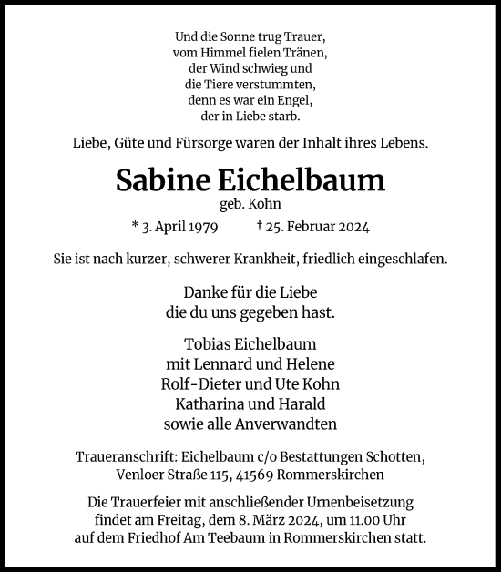Anzeige von Sabine Eichelbaum von Kölner Stadt-Anzeiger / Kölnische Rundschau / Express