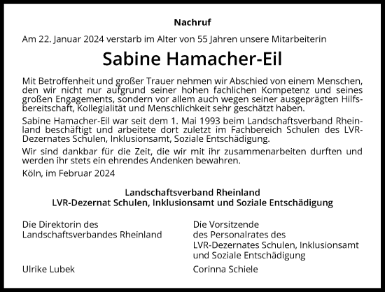 Anzeige von Sabine Hamacher-Eil von Kölner Stadt-Anzeiger / Kölnische Rundschau / Express
