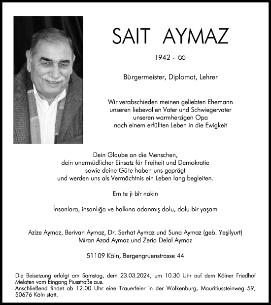 Anzeige von Sait Aymaz von Kölner Stadt-Anzeiger / Kölnische Rundschau / Express