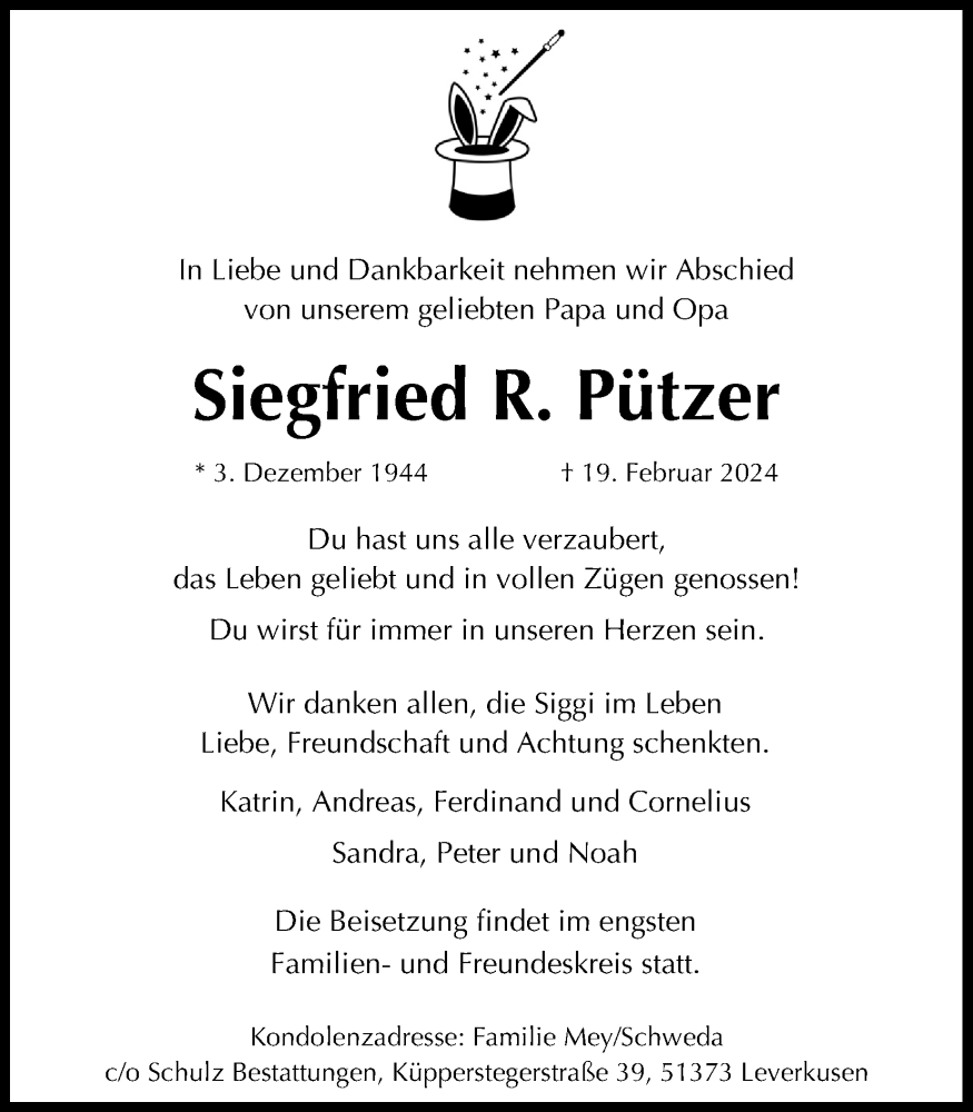  Traueranzeige für Siegfried R. Pützer vom 02.03.2024 aus Kölner Stadt-Anzeiger / Kölnische Rundschau / Express