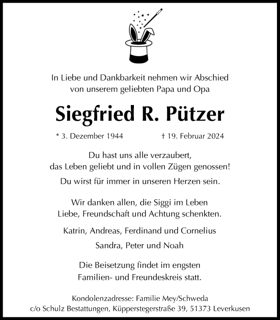 Anzeige von Siegfried R. Pützer von Kölner Stadt-Anzeiger / Kölnische Rundschau / Express