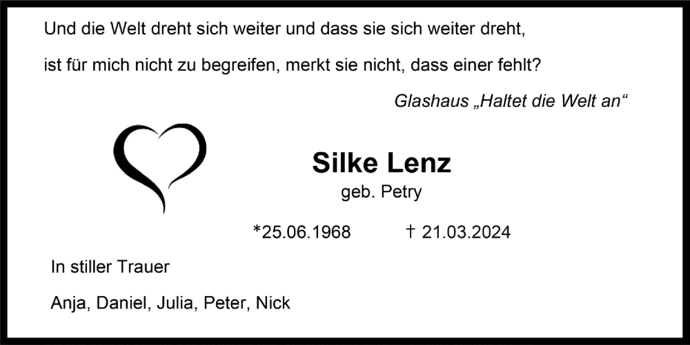  Traueranzeige für Silke Lenz vom 28.03.2024 aus  Anzeigen Echo 