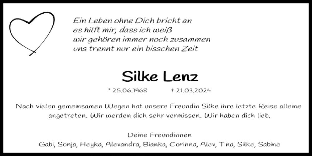  Traueranzeige für Silke Lenz vom 28.03.2024 aus  Anzeigen Echo 