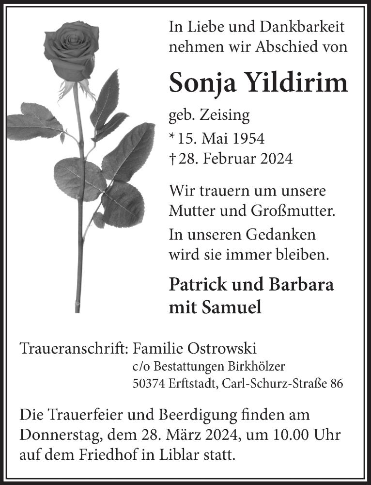  Traueranzeige für Sonja Yildirim vom 22.03.2024 aus  Werbepost 