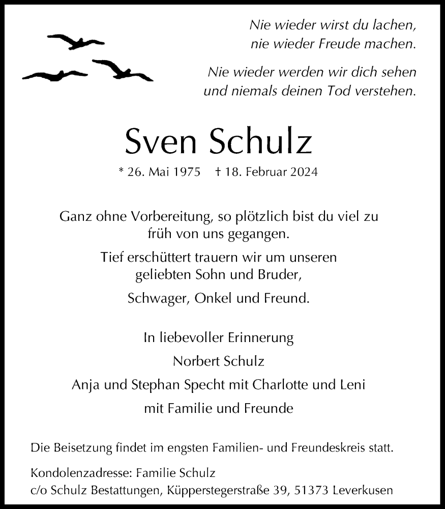  Traueranzeige für Sven Schulz vom 16.03.2024 aus Kölner Stadt-Anzeiger / Kölnische Rundschau / Express