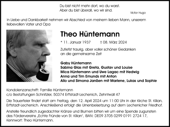 Anzeige von Theo Hüntemann von Kölner Stadt-Anzeiger / Kölnische Rundschau / Express