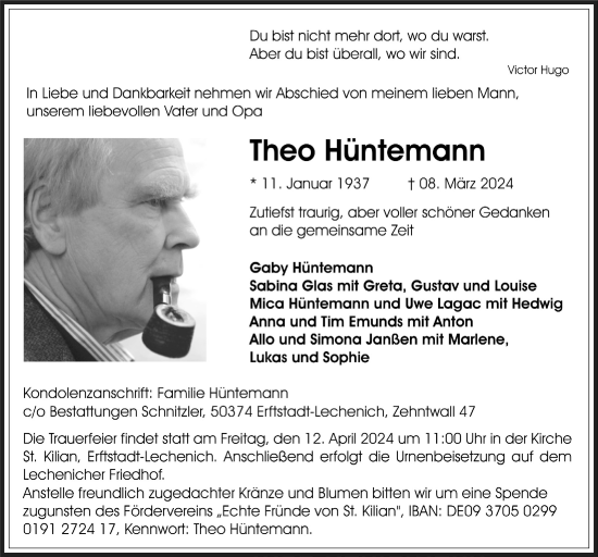 Anzeige von Theo Hüntemann von  Werbepost 