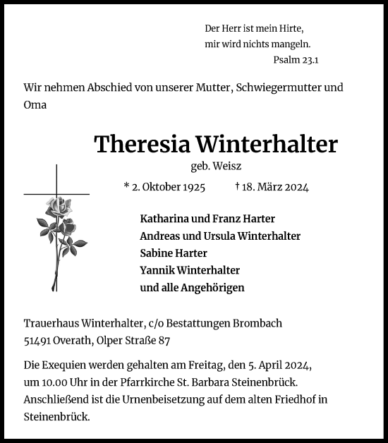 Anzeige von Theresia Winterhalter von Kölner Stadt-Anzeiger / Kölnische Rundschau / Express