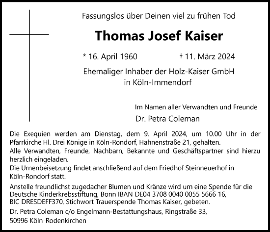 Anzeige von Thomas Josef Kaiser von  EXPRESS - Die Woche 