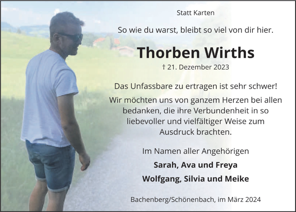  Traueranzeige für Thorben Wirths vom 22.03.2024 aus  Lokalanzeiger 